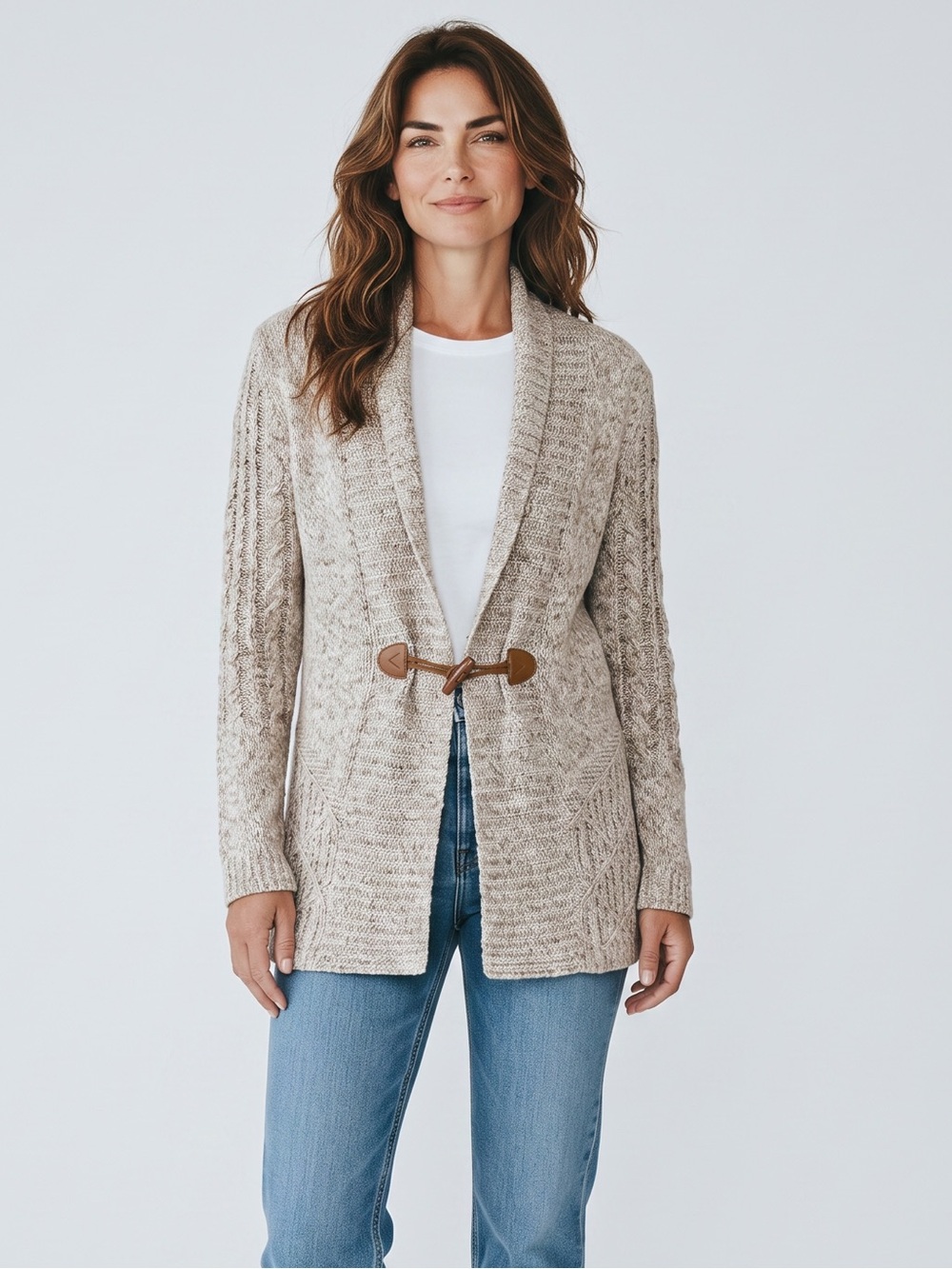 Coldwater Creek - Beige Cable Knit Shawl-Collar Toggle Cardigan